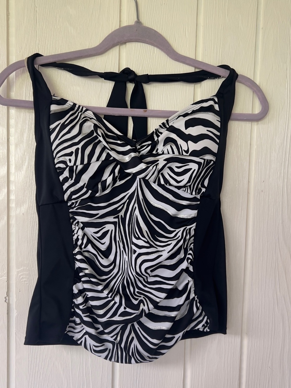 Fashion Bug Black and White Zebra Print Swim Cami with Halter Tie